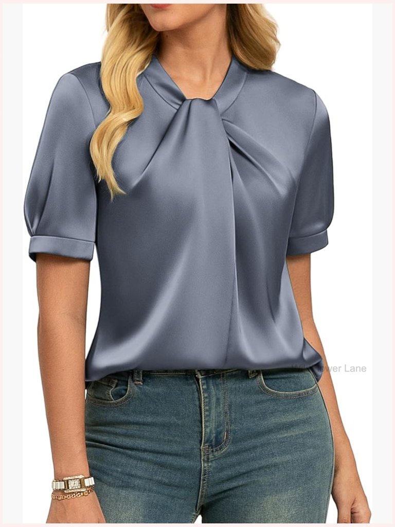 Satin Blouse Mock Neck Short Sleeve Women's Silk Top Business Casual